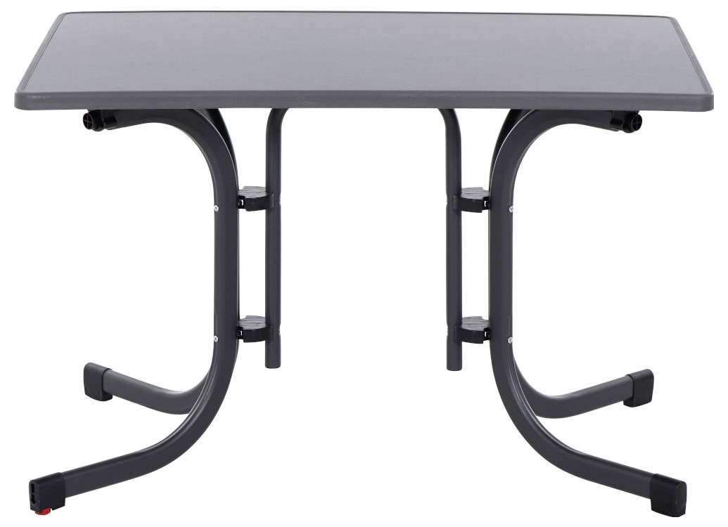 Ein rechteckiger, schwarzer Tisch mit gekrümmten Beinen, die nach außen zeigen. Geeignet für moderne oder minimalistische Einrichtungsstile.