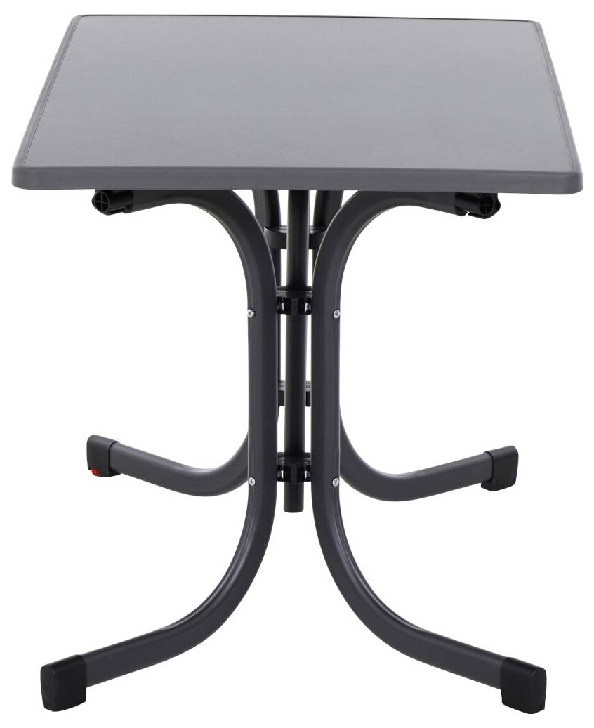 Schwarzer Tisch mit Metallbeinen, rechteckige Platte, einfache Konstruktion. Ideal für Ess- oder Arbeitsbereich.