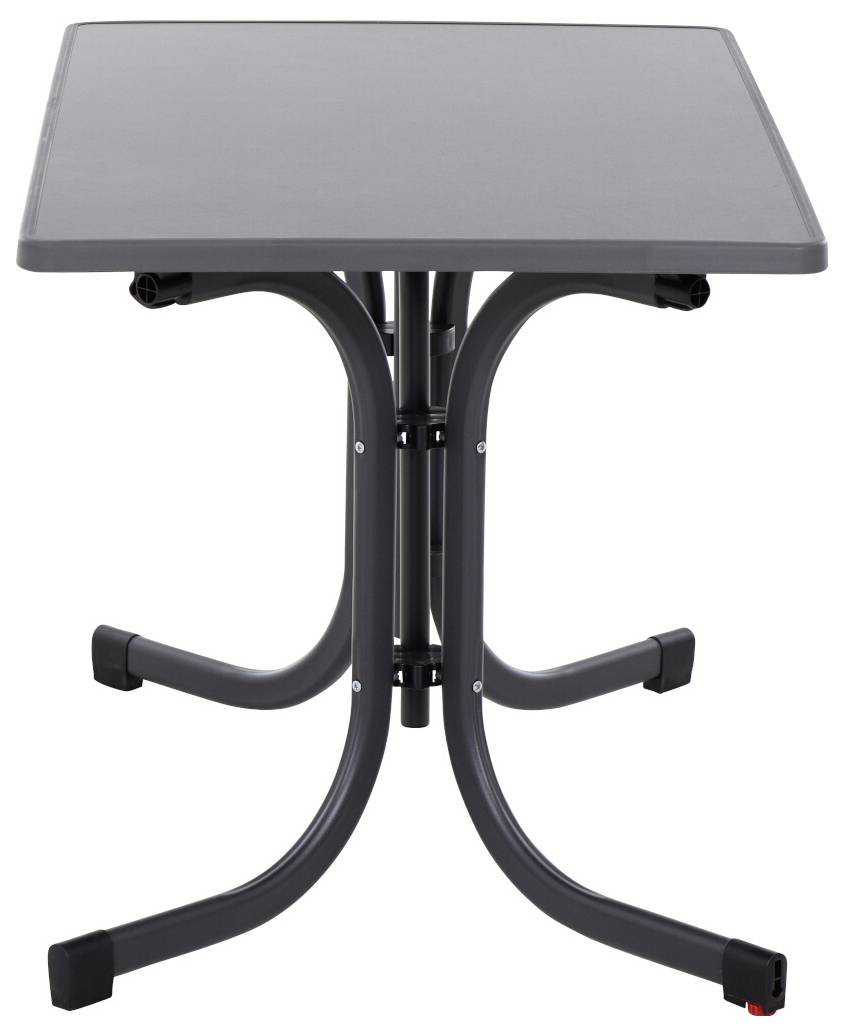 Grauer rechteckiger Tisch mit vier gebogenen Beinen, die in zwei U-förmigen Strukturen angeordnet sind.