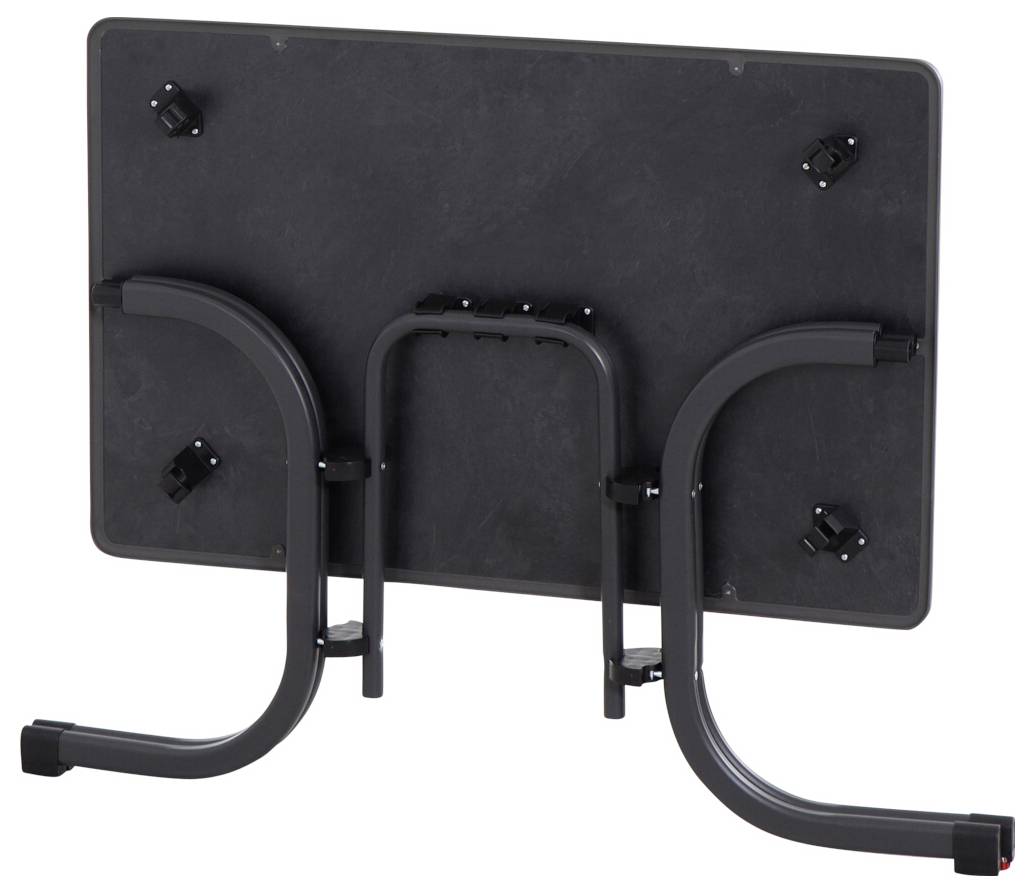 Die Rückseite eines schwarzen, rechteckigen Tischs mit Metallbeinen und Schraubenspendern, die seine Stabilität gewährleisten.