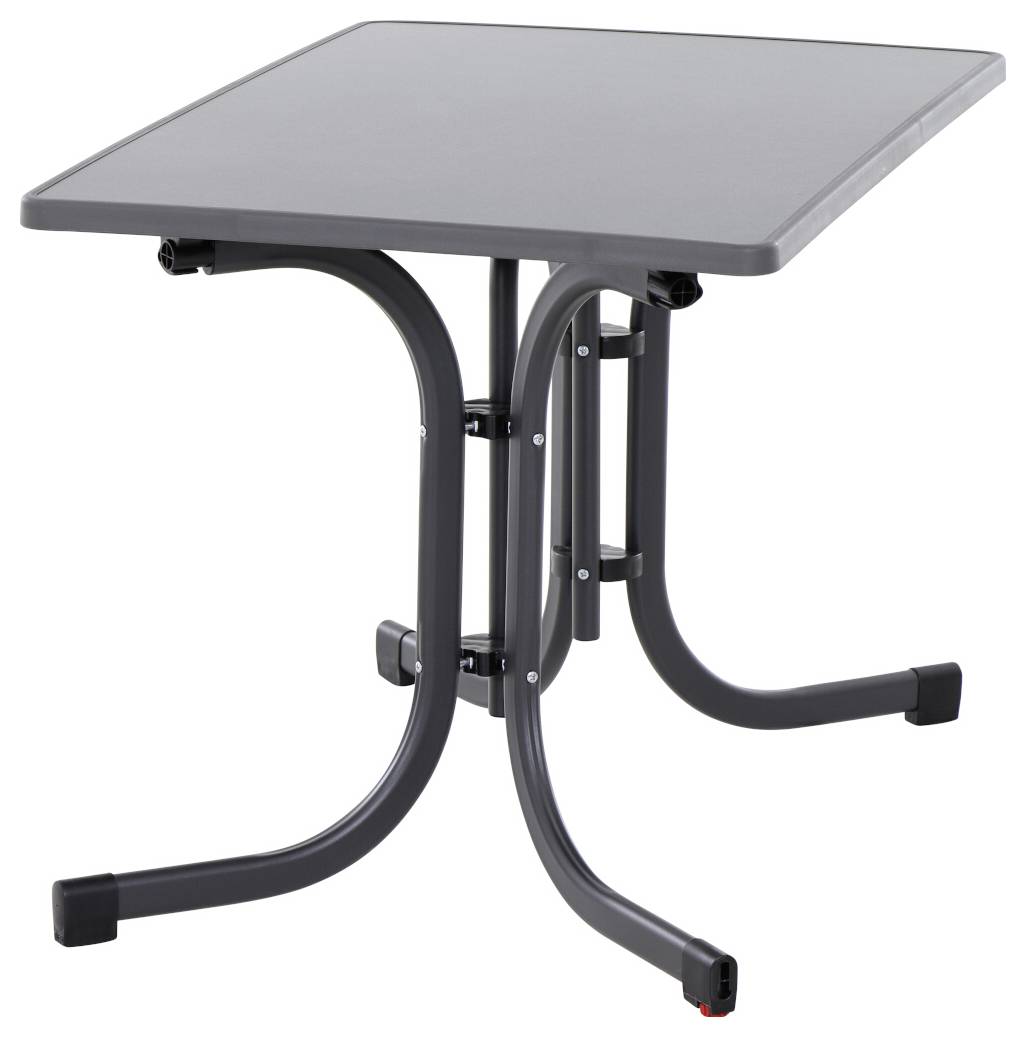 Schwarzer, rechteckiger Klapptisch aus Metall mit vier gebogenen Beinen und Kunststoffkappen an den Füßen.