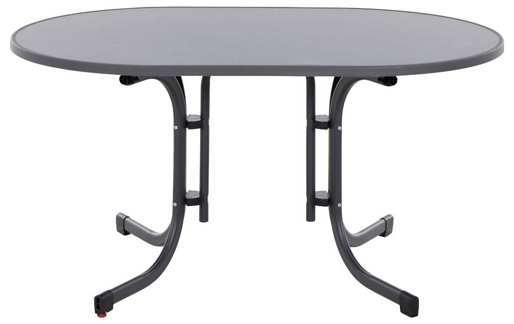 Ovaler Klapptisch mit schwarzer Tischplatte und dunklen, gebogenen Beinen. Ideal für Innen- und Außenbereich.