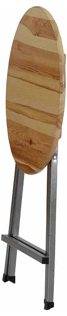 Klappbarer Stehtisch mit ovaler Holzplatte und Metallgestell, eingeklappt für leichten Transport oder platzsparende Lagerung.