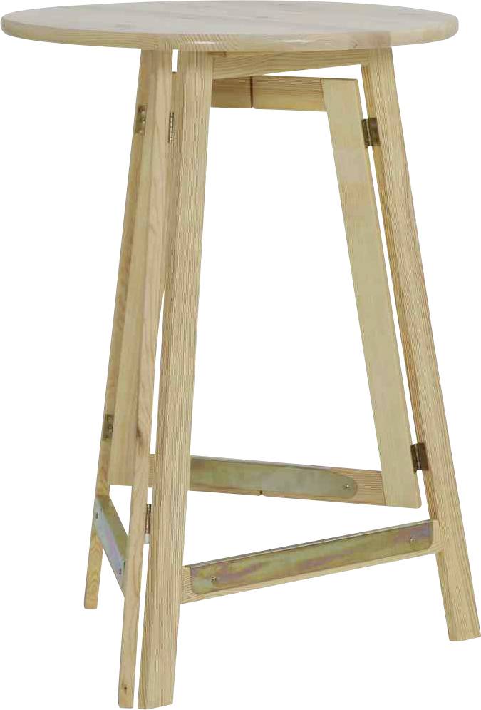 Hocker aus hellem Holz mit rundem Sitz und hohen, schmalen Beinen. Geeignet für Bars oder hohe Tische.