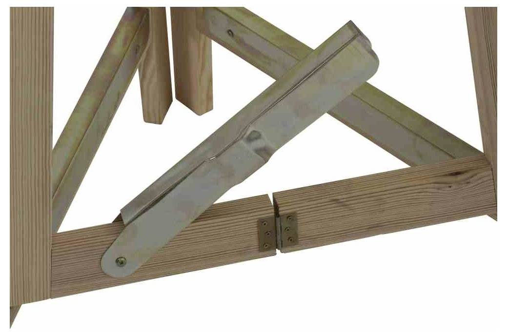 'Holzklappbock' mit einem verstärkten Metallscharnier und stabilisierendem Querträger.