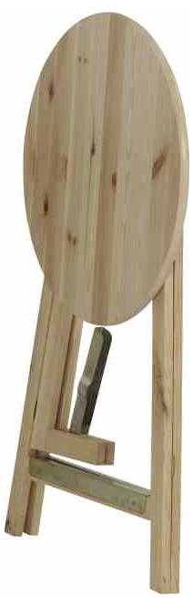 Ein zusammengeklappter Holztisch mit ovaler Tischplatte und einfachem Gestell. Ideal für Platzsparende Aufbewahrung.