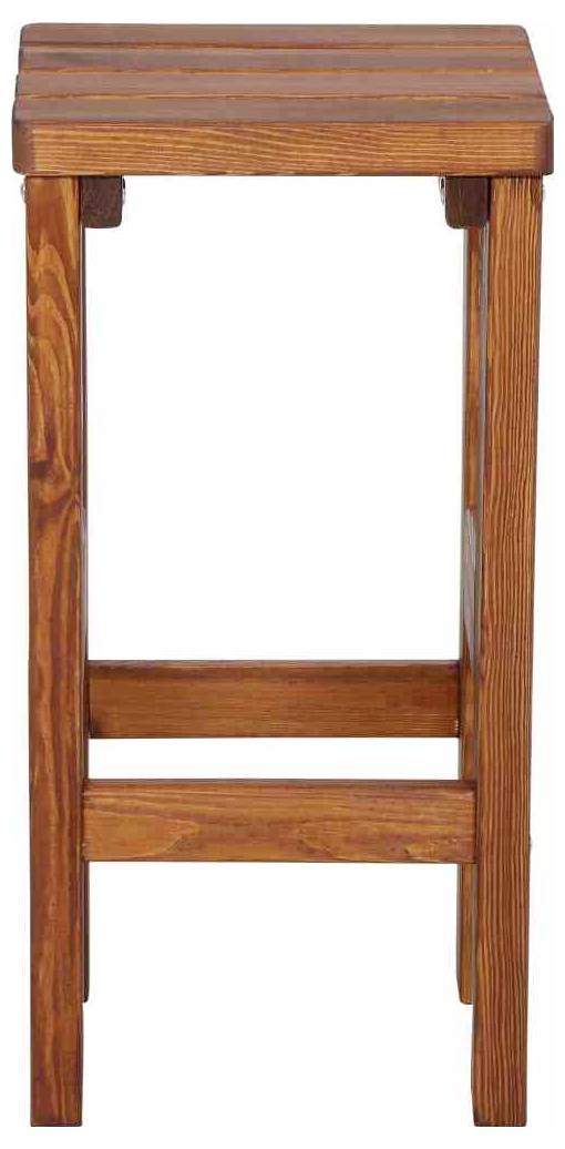 Ein einfacher, rechteckiger Holzhocker mit vier geraden Beinen und einer flachen Sitzfläche.