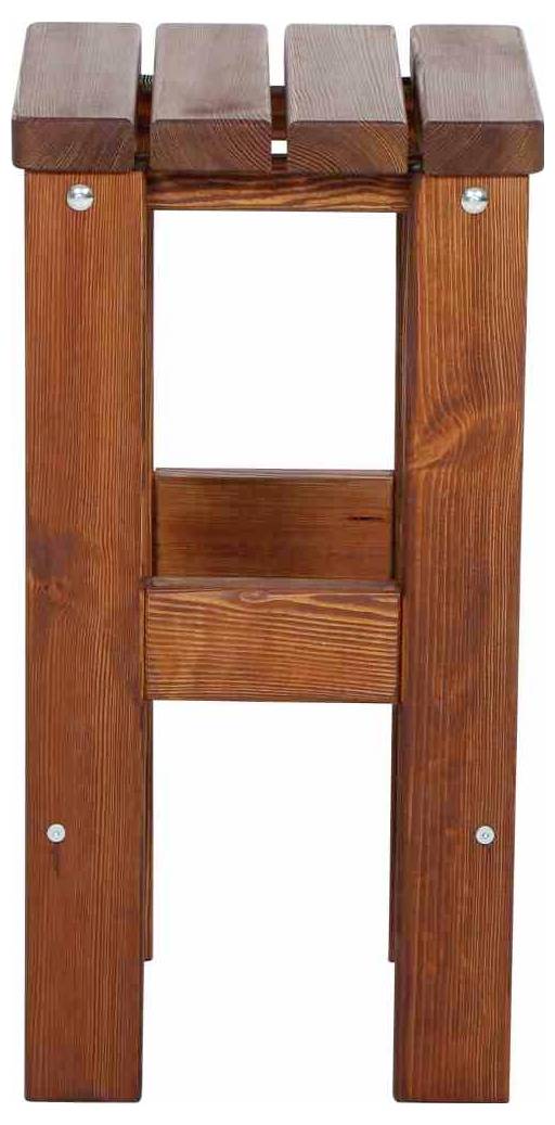 Ein schlichter, hölzerner Hocker mit rechteckiger Sitzfläche und vier Beinen, geeignet für den Innen- oder Außenbereich.