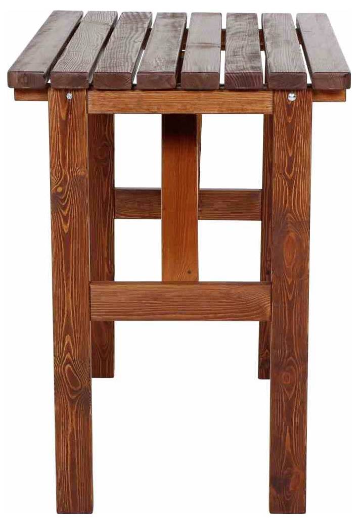 Holztisch mit schlichtem Design, bestehend aus parallel angeordneten Brettern, geeignet für Innen- und Außenbereich.