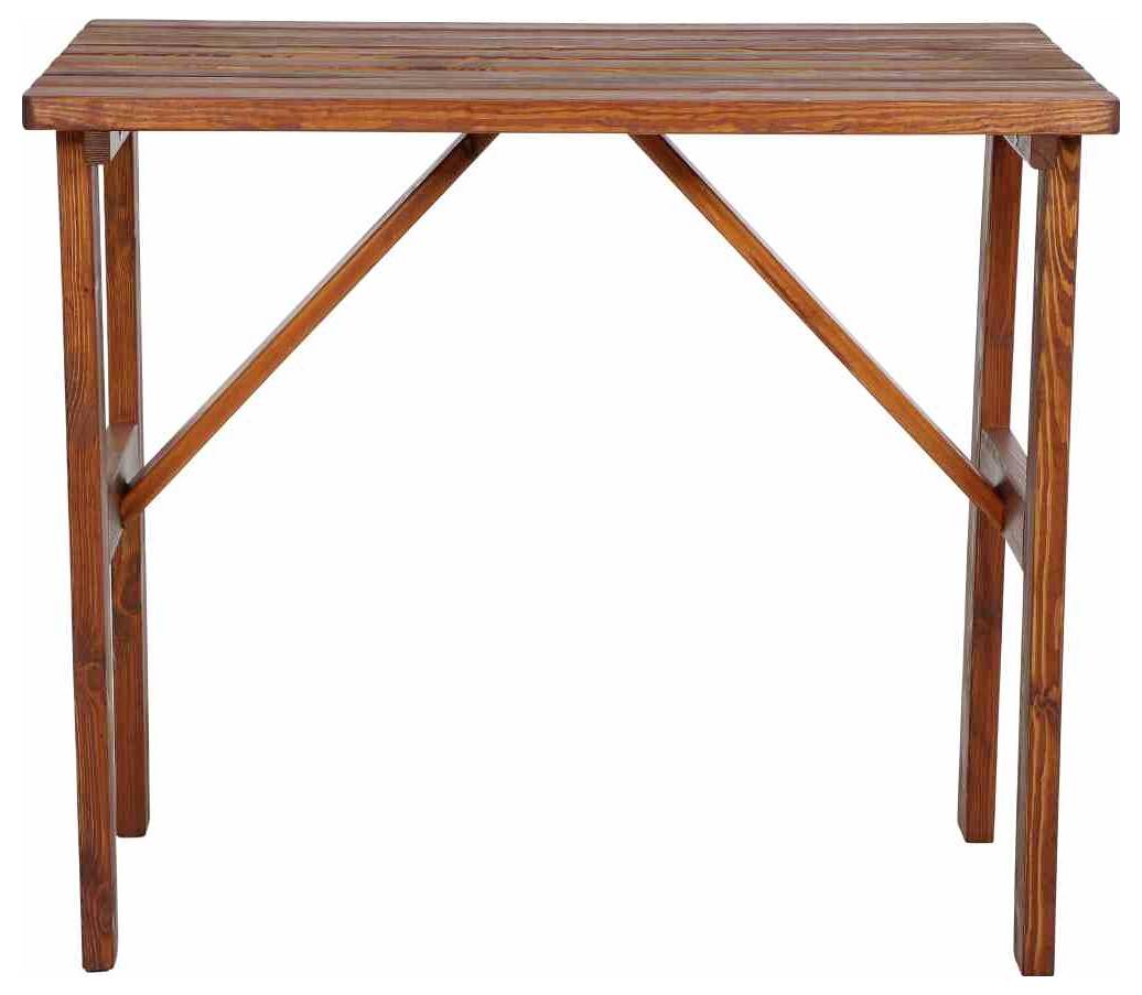 Ein einfacher, rechteckiger Holztisch mit vier Beinen und diagonalen Stützen.