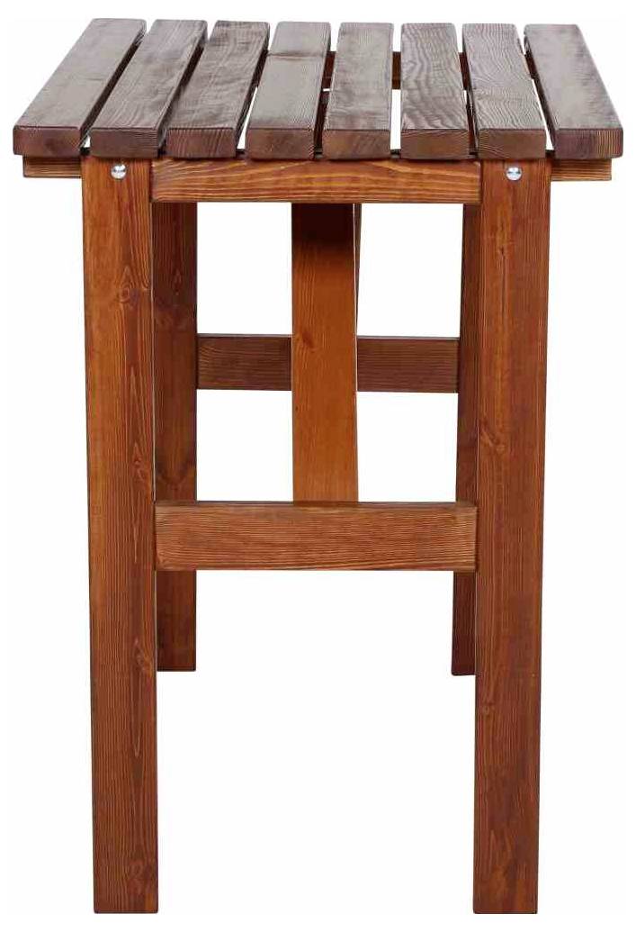 Brauner Holztisch mit einfachem, rechteckigem Design und breiten Holzlatten.