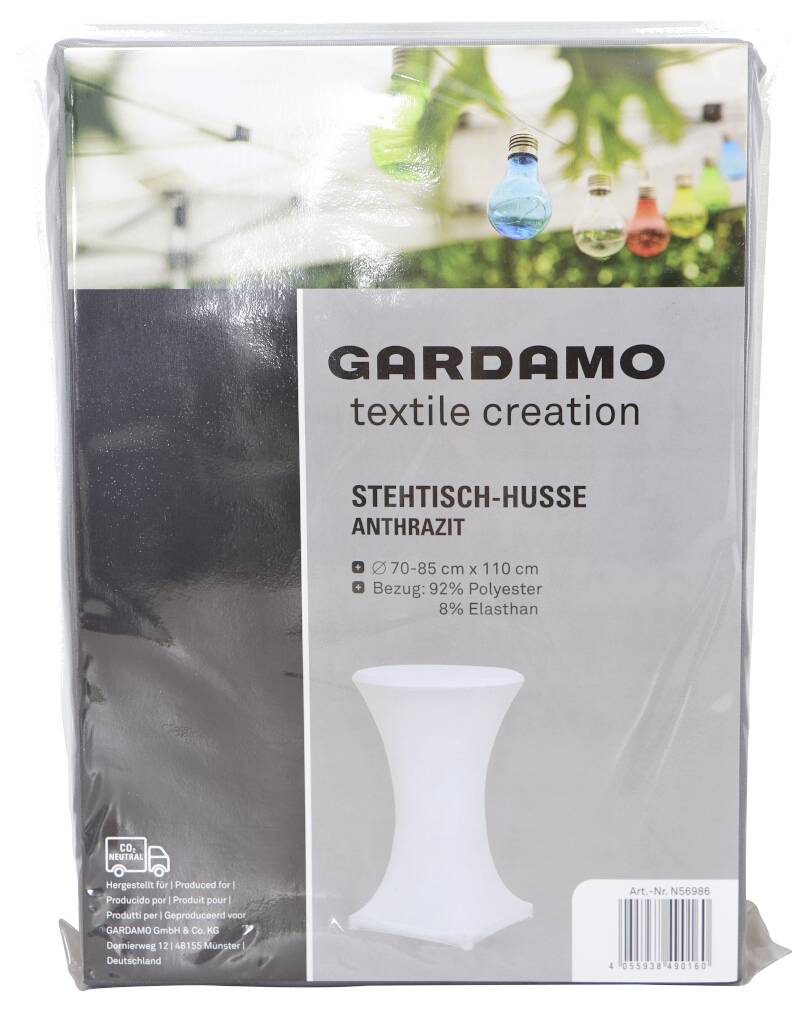 Verpackung einer 'Gardamo Stehtisch-Husse' in Anthrazit, passend für Stehtische mit einem Durchmesser von 70-85 cm und Höhe von 110 cm.