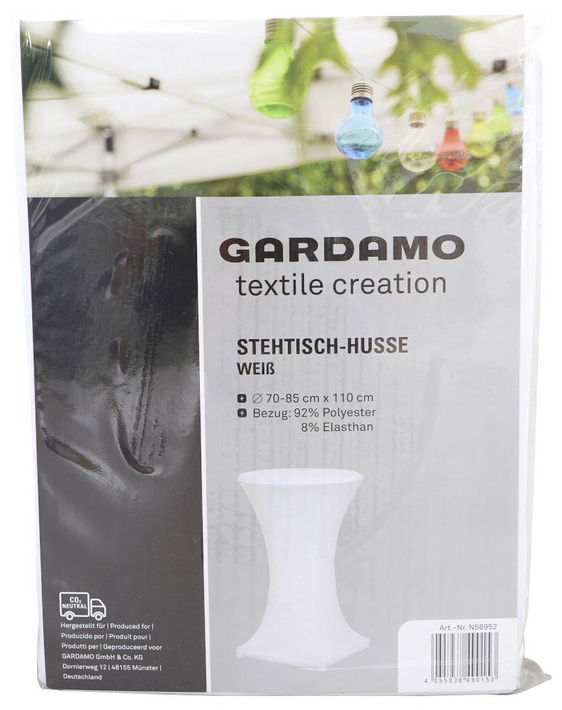 'GARDAMO textile creation Stehtisch-Husse Weiß, 70-85 cm x 110 cm, Bezug: 92% Polyester, 8% Elasthan. Produktabbildung in Verpackung.'