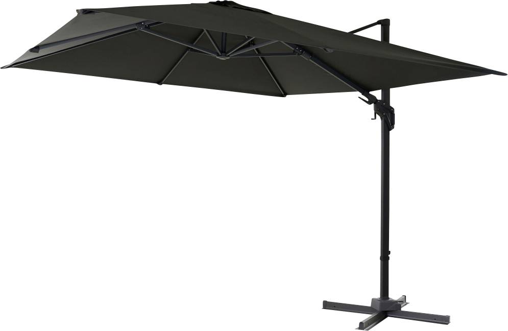 Ein großer, schwarzer Sonnenschirm mit seitlichem Standfuß, geöffnet und bereit zum Einsatz im Freien.