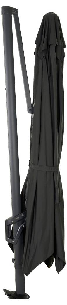 Geschlossener schwarzer Sonnenschirm mit Metallstab und Scharnier, stehend.