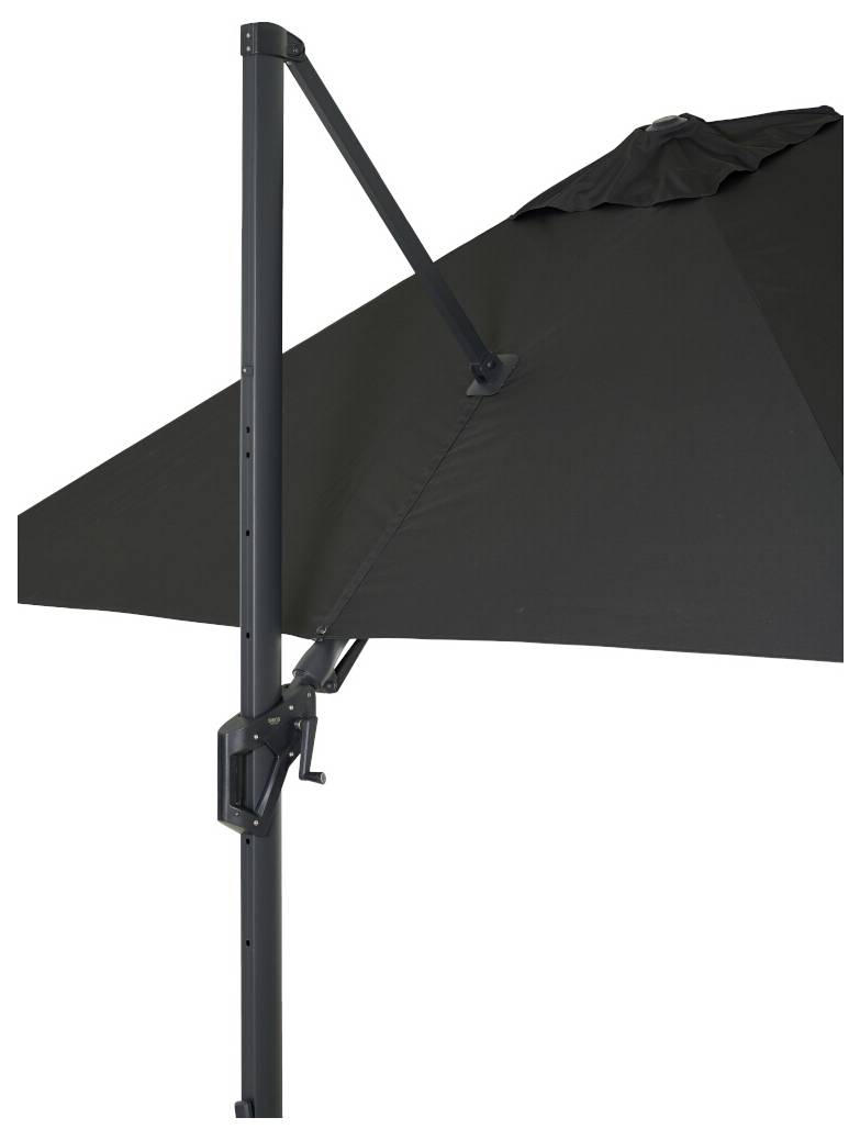 Ein schwarzer Sonnenschirm mit seitlichem Mast und Kurbelmechanismus. Ideal für Schatten im Garten oder auf der Terrasse.