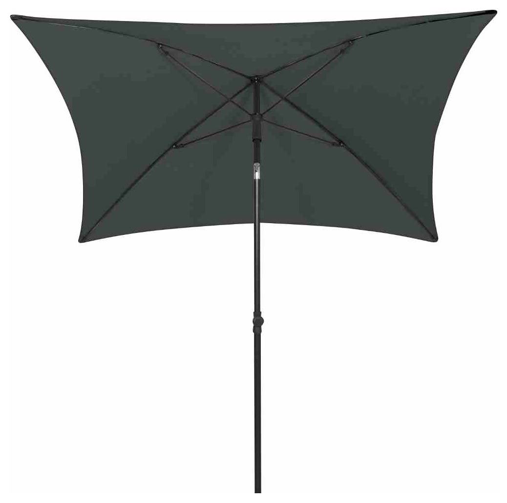 Ein dunkelgrüner rechteckiger Sonnenschirm mit schwarzem Mast, geöffnet und von vorne gesehen.