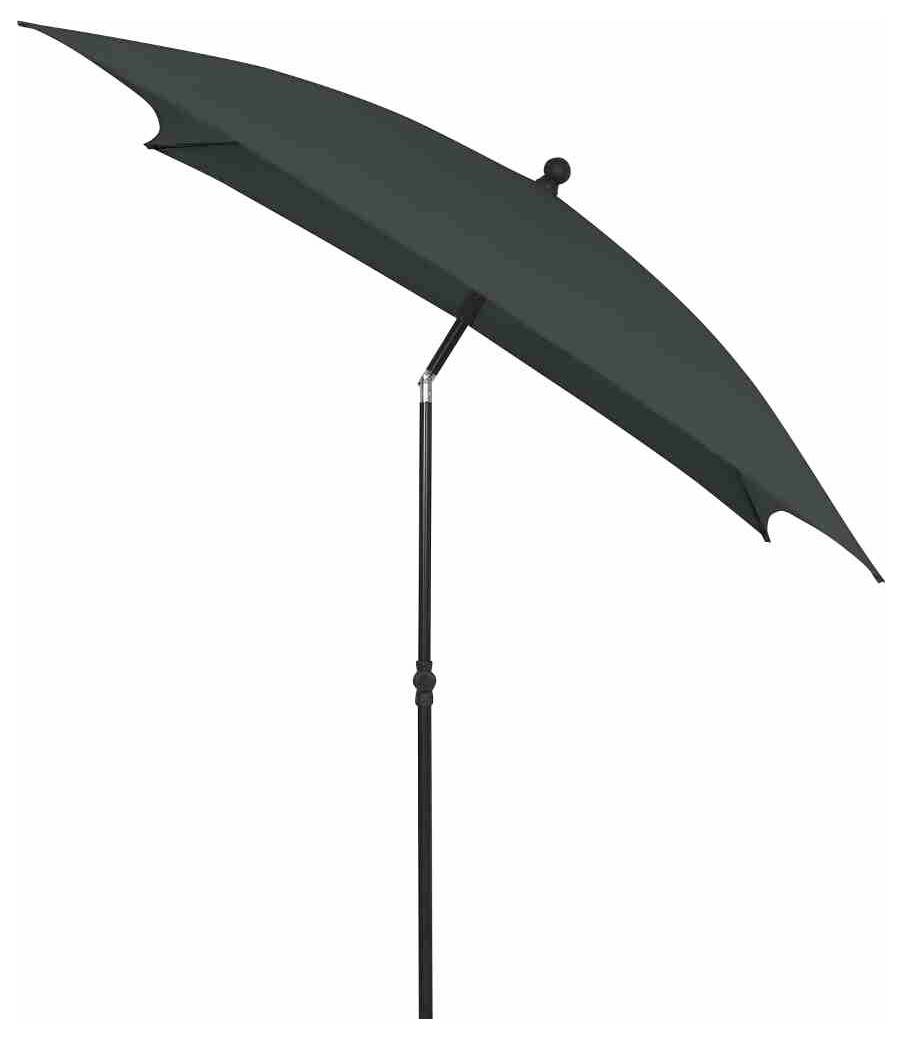 Ein schwarzer Sonnenschirm, leicht geneigt, montiert auf einem geraden Stock. Geeignet für den Außenbereich zum Schutz vor Sonne.
