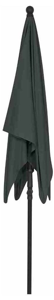 Ein geschlossener, dunkelgrüner Sonnenschirm, der aufrecht steht.