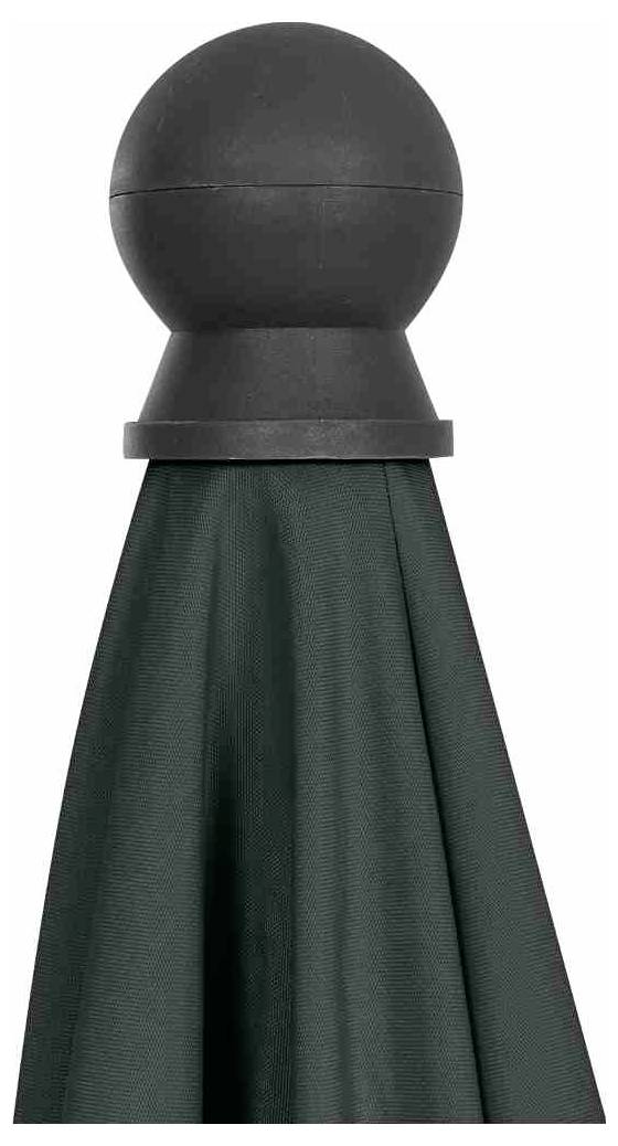 Ein schwarzer Rundknauf mit einem dunklen, gefalteten Stoff darunter, möglicherweise Teil eines Schirms oder einer Abdeckung.