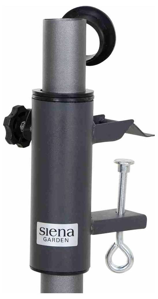 'Siena Garden' Sonnenschirmhalterung mit Schrauben zur Befestigung an einem Balkongeländer. Graue Metallkonstruktion.