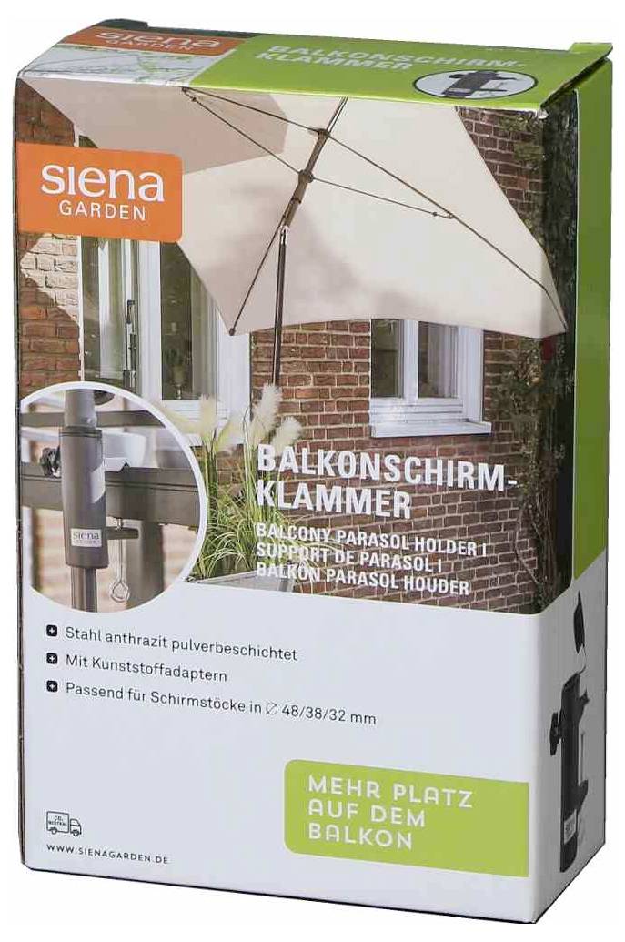 Verpackung eines Schirmhalters der Marke Siena Garden. Zeigt einen Sonnenschirm an einem Balkon. Text: 'Mehr Platz auf dem Balkon'.