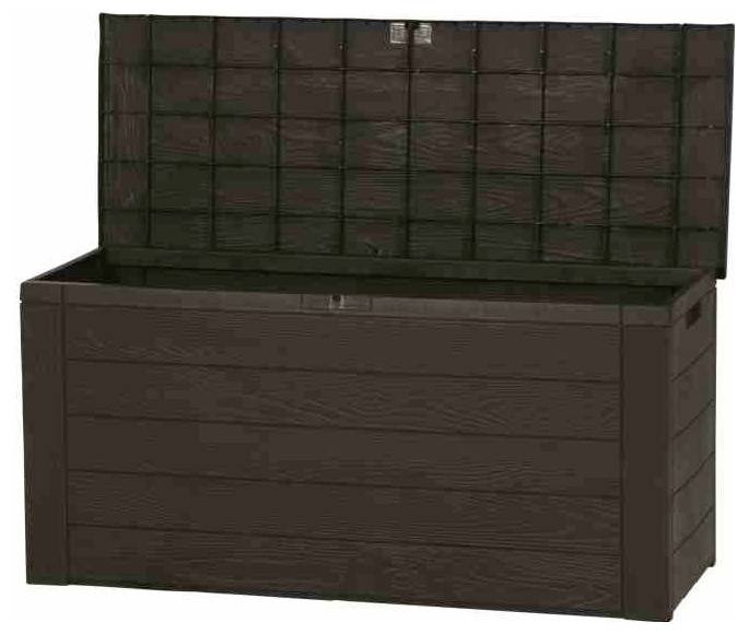 Offene, dunkelbraune Aufbewahrungsbox aus Kunststoff mit Holzoptik. Ideal für den Garten zur Lagerung von Kissen oder Werkzeug.