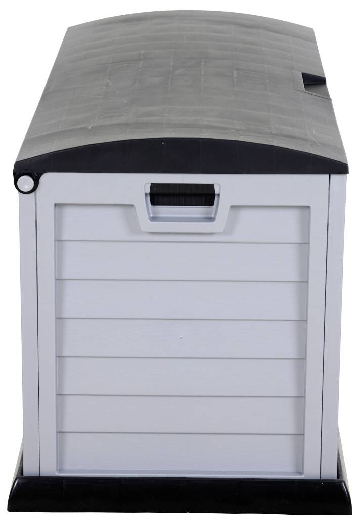 Große, wetterfeste, graue Kunststoffbox mit schwarzem Deckel, die als Aufbewahrungslösung für Gartenwerkzeuge oder -ausrüstung dient.