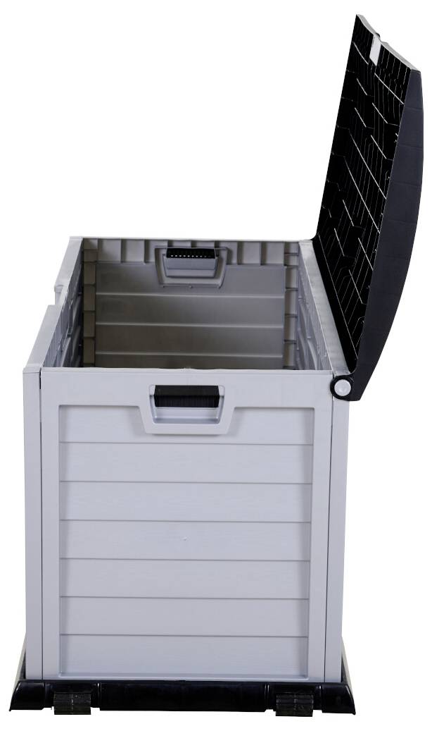 Geöffnete graue Kunststoff-Aufbewahrungsbox mit schwarzem Deckel, seitliche Ansicht. Geeignet zur Lagerung im Freien.