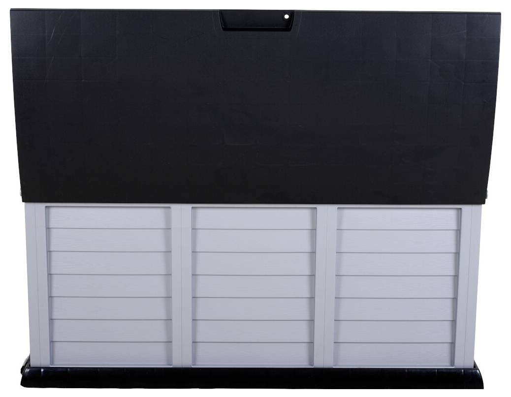 Kunststoff-Trennwand mit einer schwarzen oberen Hälfte und einer weißen unteren Hälfte aus Latten, vor schwarzem Hintergrund.