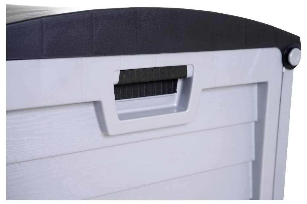 Graue Kunststoffbox mit schwarzem Deckel und Griff an der Vorderseite.