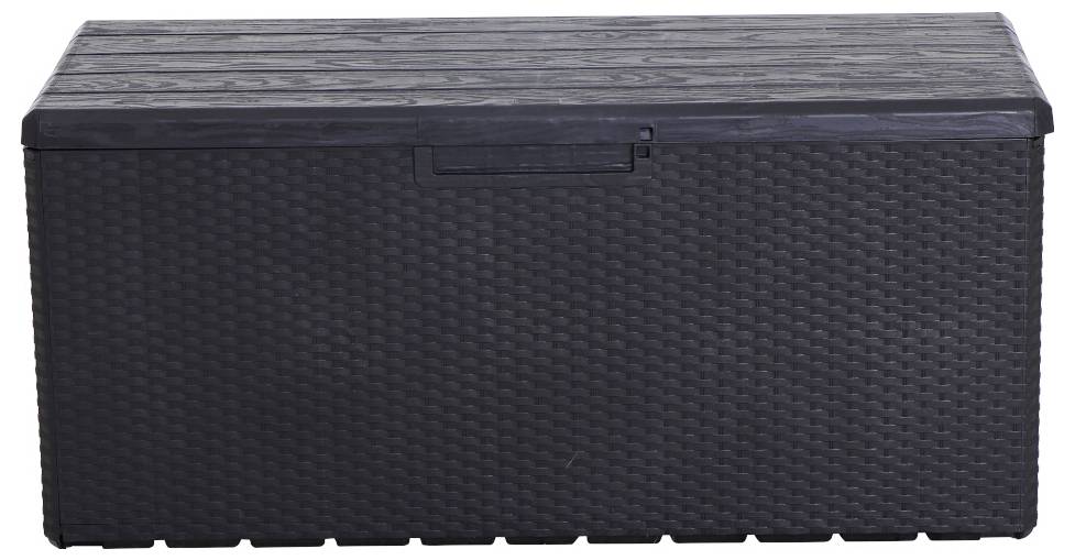 Eine schwarze Aufbewahrungsbox mit Rattanoptik und einem flachen Deckel, geeignet für den Außenbereich.