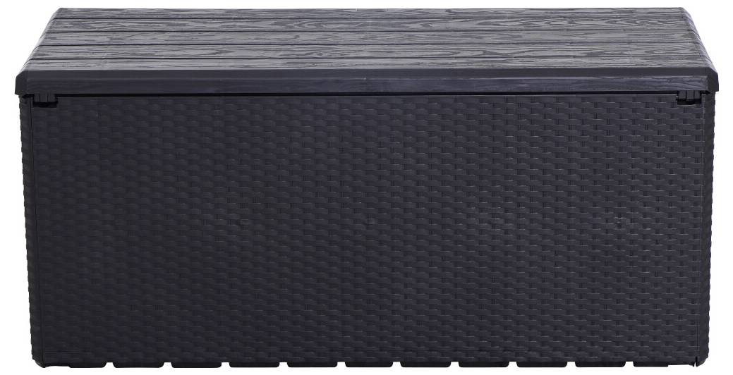Schwarze, rechteckige Aufbewahrungsbox aus Kunststoff mit texturierter Oberfläche, geeignet für den Außenbereich.