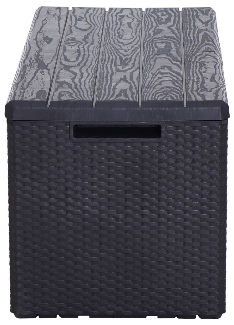 Schwarze Garten-Aufbewahrungsbox mit Rattan-Optik und Holzmaserung-Deckel, rechteckig, mit Tragegriff an der Seite.