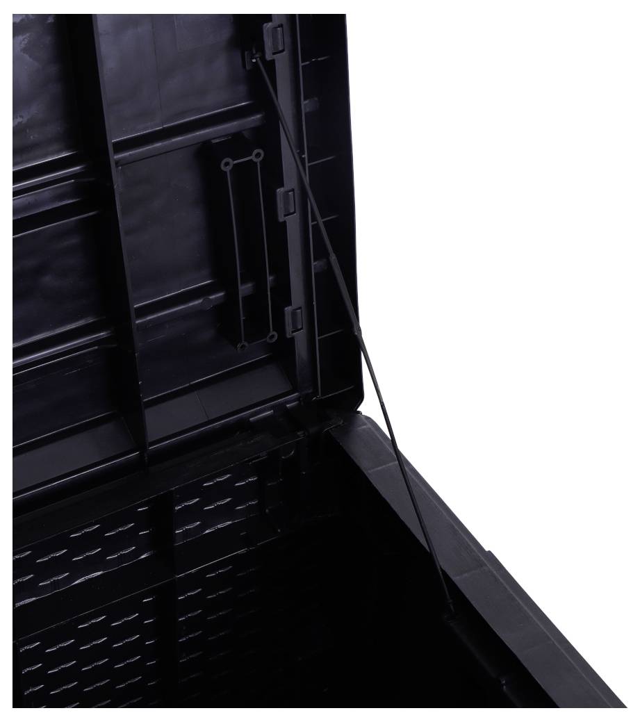 Schwarze Kiste mit geöffnetem Deckel, einem Stützmechanismus an der Innenseite, geeignet zur Aufbewahrung.