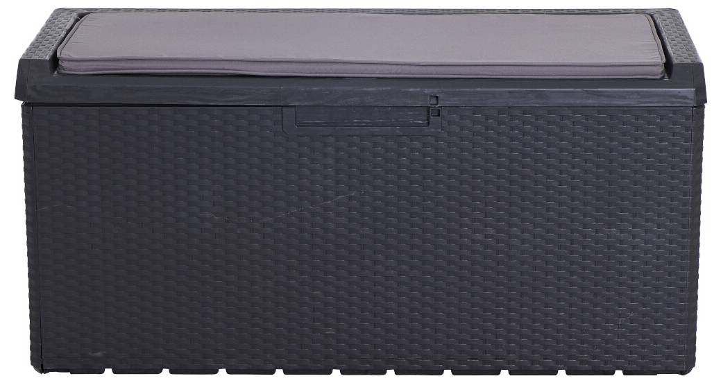 Schwarze, rechteckige Aufbewahrungsbox aus Rattanoptik mit abnehmbarem Deckel. Geeignet für den Innen- und Außenbereich.