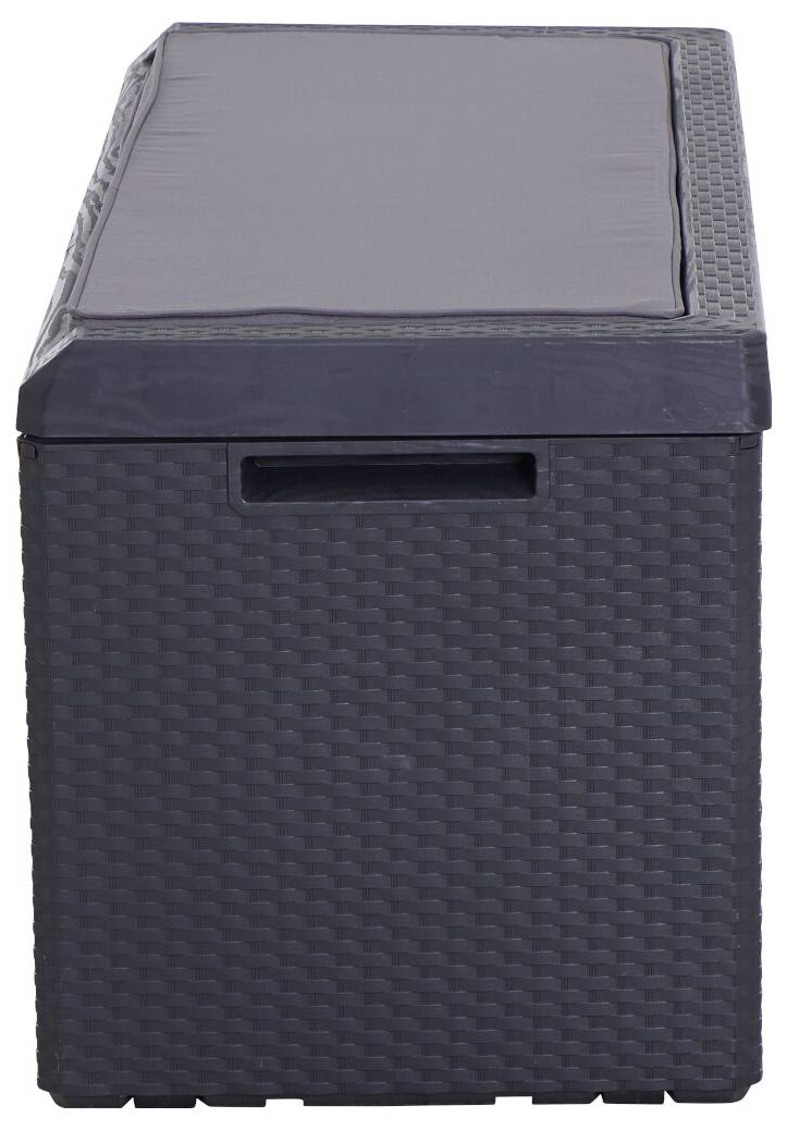 Aufbewahrungsbox aus schwarzem Kunststoffgeflecht mit flachem Deckel, seitlich, geeignet für Außenbereich und als Sitzgelegenheit.