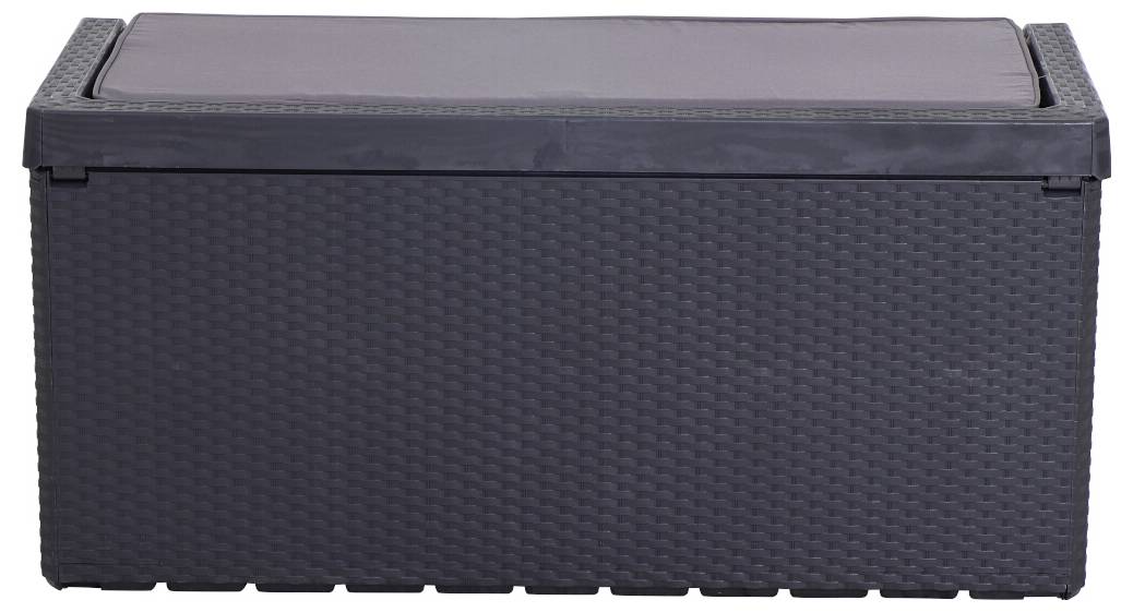 Dunkelgraue Aufbewahrungsbox mit geflochtener Struktur, rechteckig mit Deckel. Ideal für Garten oder Terrasse zur Aufbewahrung.