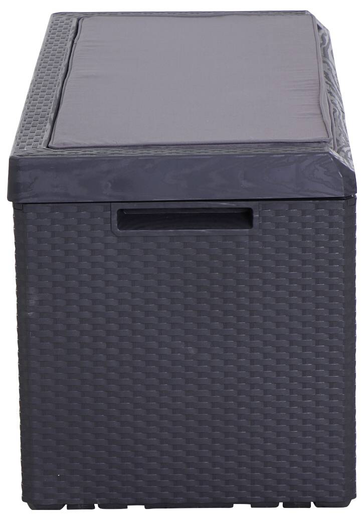 Schwarze Rattan-Aufbewahrungsbox mit Deckel und seitlichem Griff, geeignet für den Außenbereich oder die Terrasse.