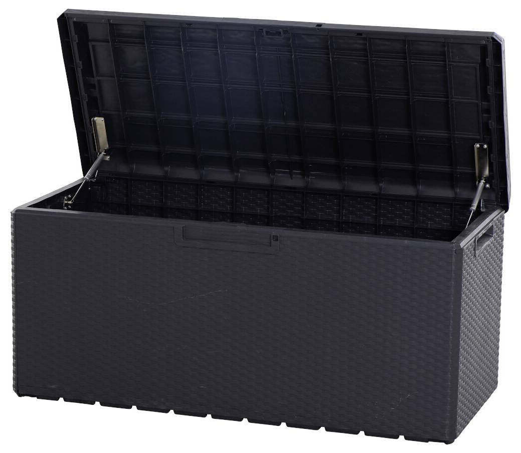Eine große, offene Aufbewahrungsbox aus schwarzem Kunststoff mit Rattanoptik. Ideal für den Außenbereich oder die Garage.