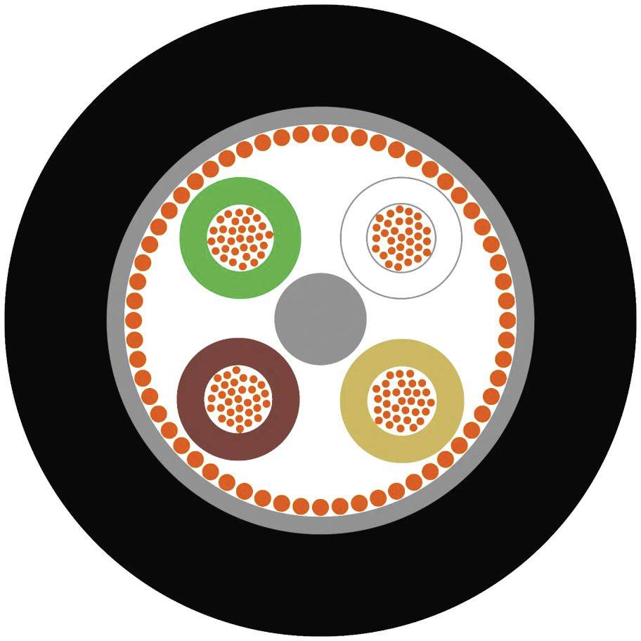 'Querschnitt eines Glasfaserkabels mit mehreren farbigen Schichten und Fasern, die für Datenübertragung verwendet werden.'