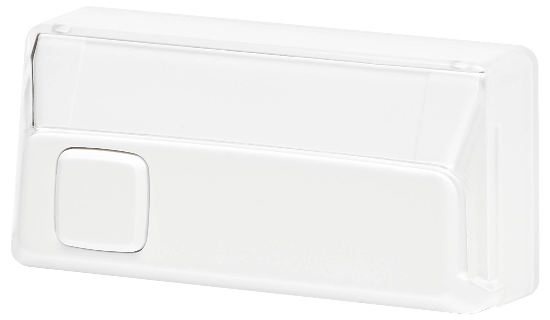Rechteckige weiße Kunststoffabdeckung mit einem hervorgehobenen Druckknopf auf der linken Seite.