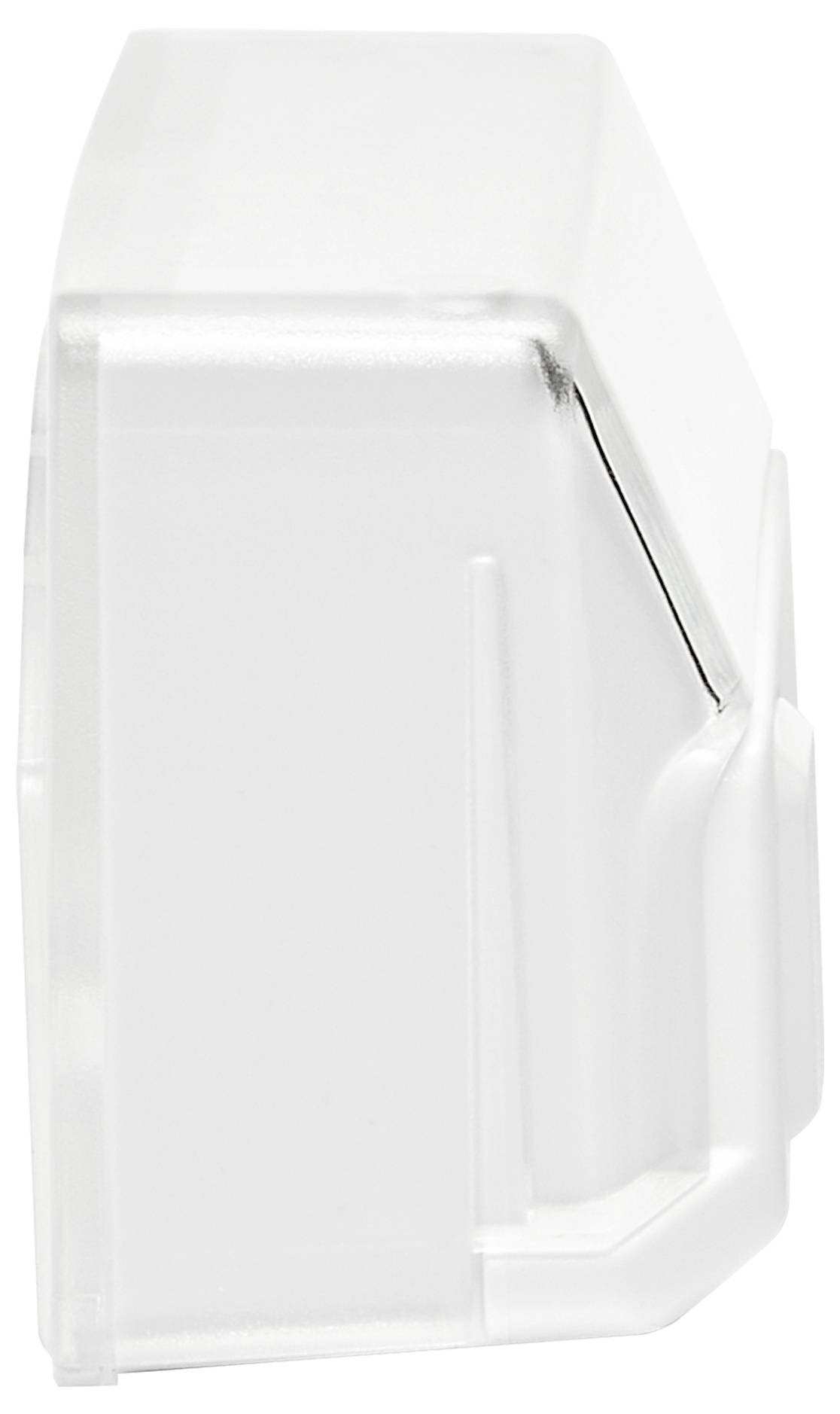 Weiße Kunststoffbox aus seitlicher Ansicht mit geschlossenem Deckel, transparent und minimalistisch gestaltet.