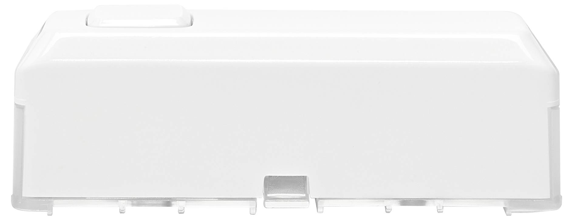 Weiße, rechteckige Plastikbox mit abgerundeten Ecken, Oberseite mit leicht erhöhtem Bereich.