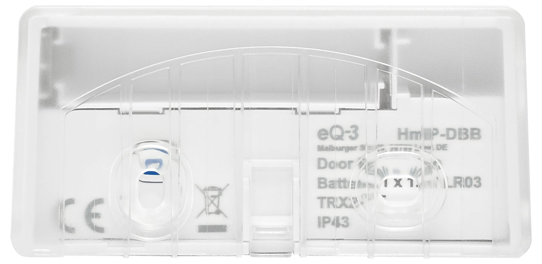Die Rückseite eines Plastikgehäuses mit Markierungen 'eQ-3', 'HmIP-DBB', 'Door', 'Battery', '1.5V LR03', 'IP43'.