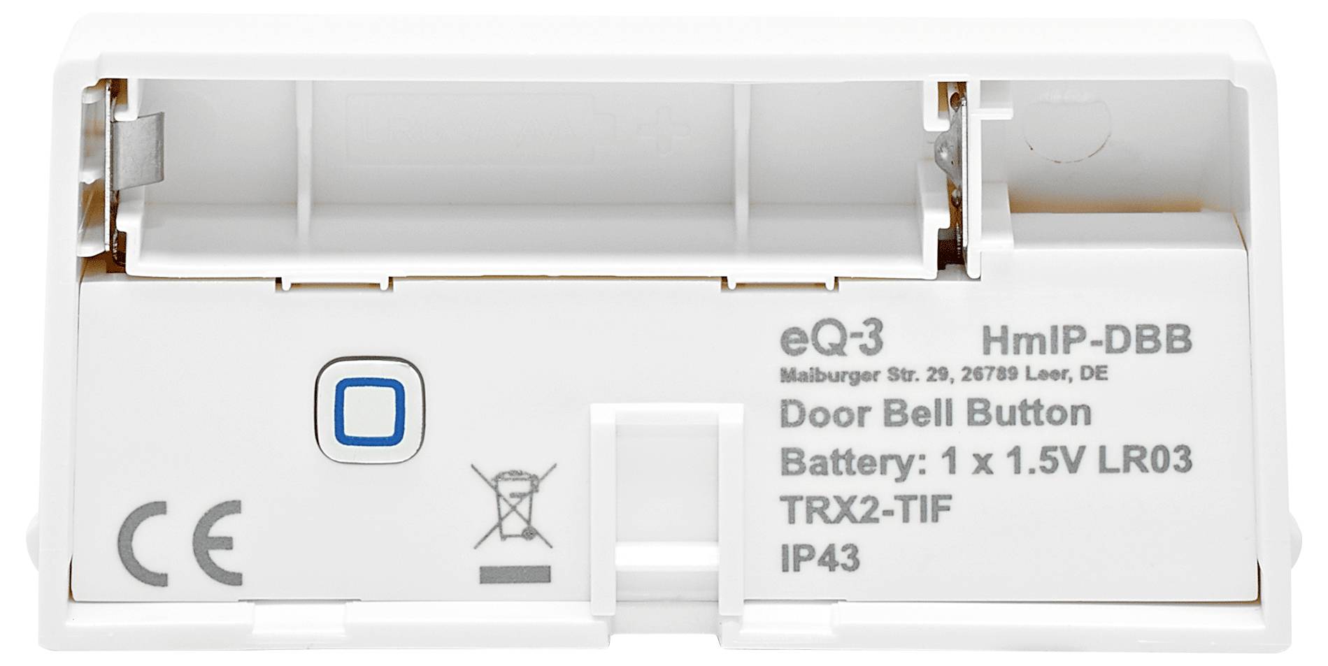'Rückseite eines Geräts mit der Beschriftung: HmIP-DBB, Door Bell Button, Batterie: 1 x 1,5V LR03, TRX2-TIF, IP43.'