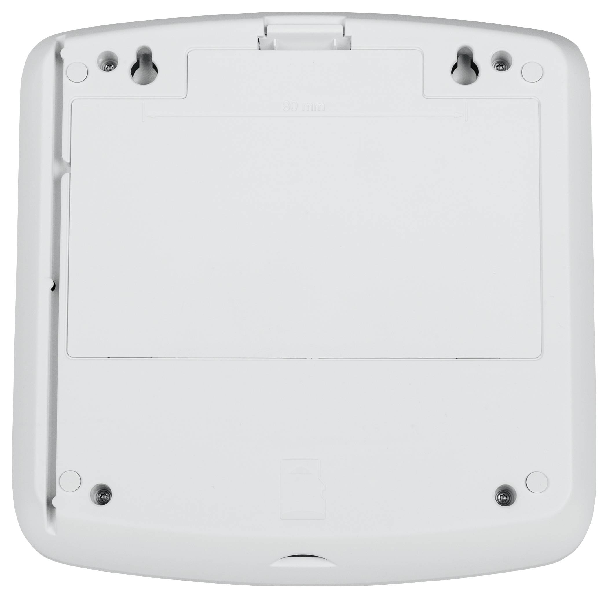 Rückseite eines elektronischen Geräts mit einem abnehmbaren Batteriefachdeckel und vier Schrauben in den Ecken.