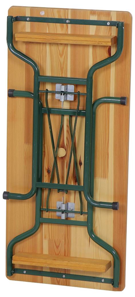 Ein zusammengeklapptes Holzbierbankgestell mit grünem Metallrahmen, bereit zur Lagerung oder zum Transport.