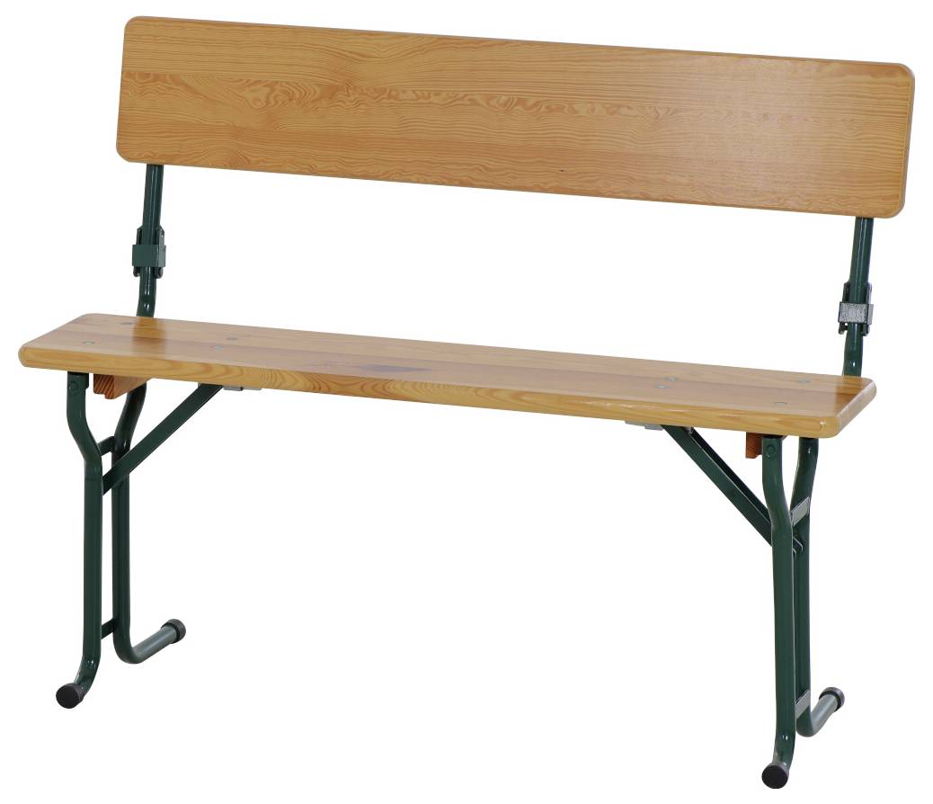 Holzbank mit grünen Metallbeinen, für Innen- oder Außenbereich geeignet.