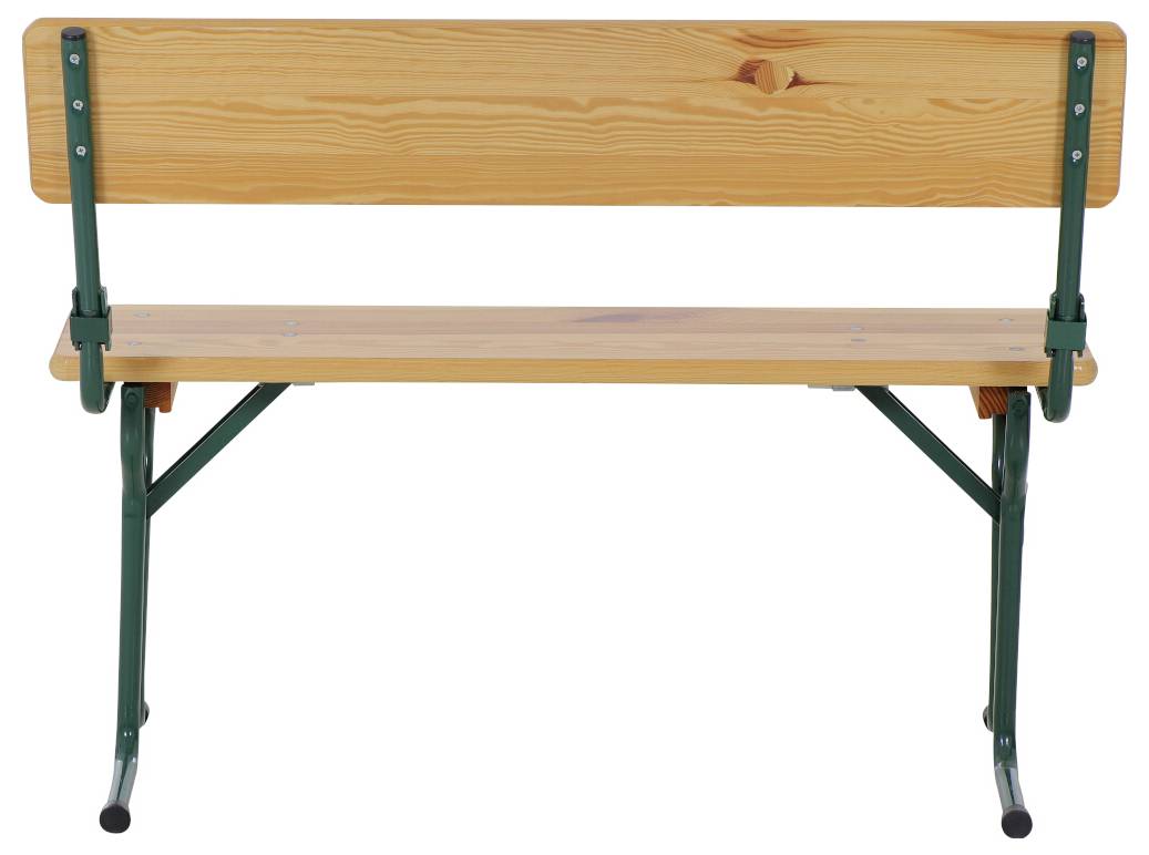 Holzbank mit grünem Metallgestell, geeignet für Garten oder Terrasse. Schlichte und robuste Konstruktion.